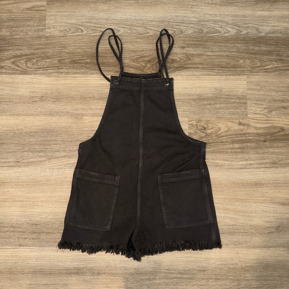 Aerie Black Shortalls Romper Frayed Hem Adjustable Straps Pockets Sz S